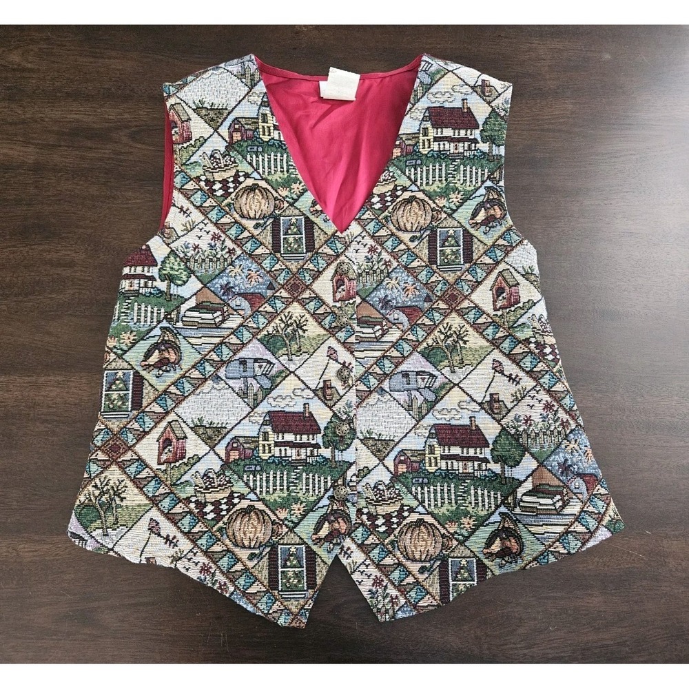 Vintage Bobbie Brooks Tapestry‎ Vest Fall Farm Cottage Mom Retro 1990s Large
